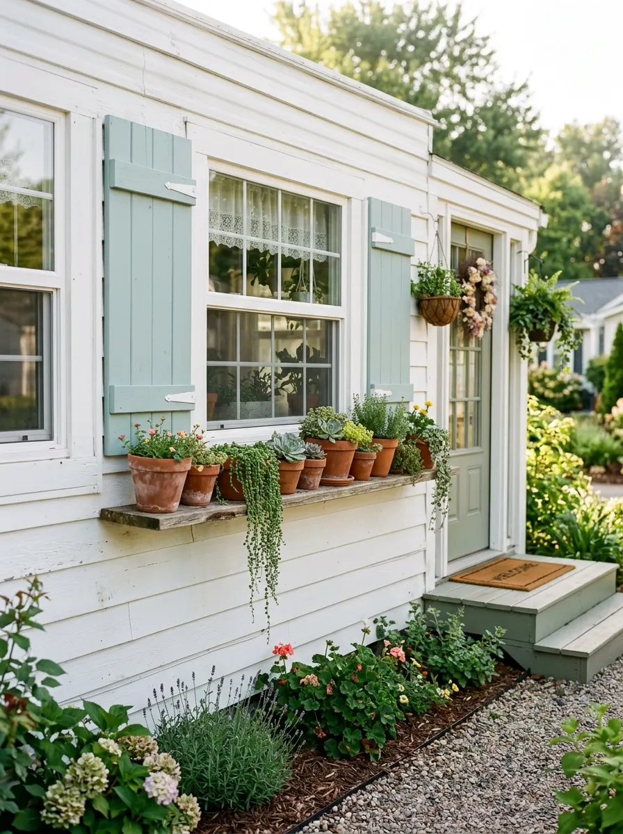 21 Mobile Home Curb Appeal Ideas That Prove Style Has Nothing to Do with Size 20 Mobile home exterior curb appeal ideas with sage green shutters, terracotta pots on window ledge, trailing succulents, hanging baskets, and cottage garden landscaping