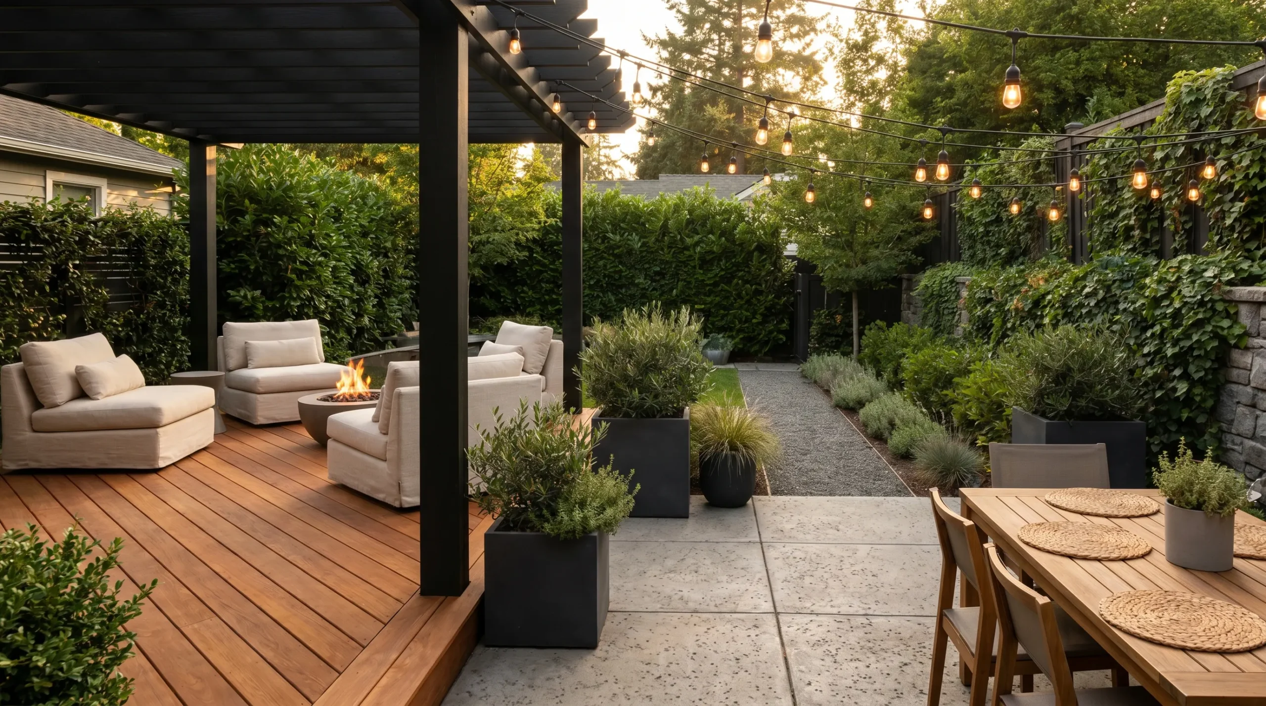 Stylish modern backyard patio with black pergola, cozy outdoor seating, warm string lights, wood deck, and lush privacy landscaping for luxury outdoor living inspiration