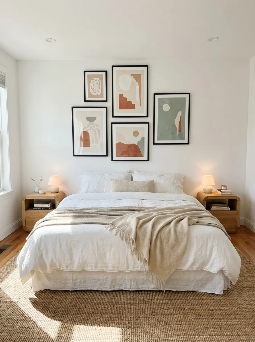 Bright white bedroom with a king-size platform bed in white linen, two floating oak nightstands with round ceramic lamps, and a curated gallery wall of five black-framed abstract geometric art prints in terracotta, sage, and cream tones above the bed