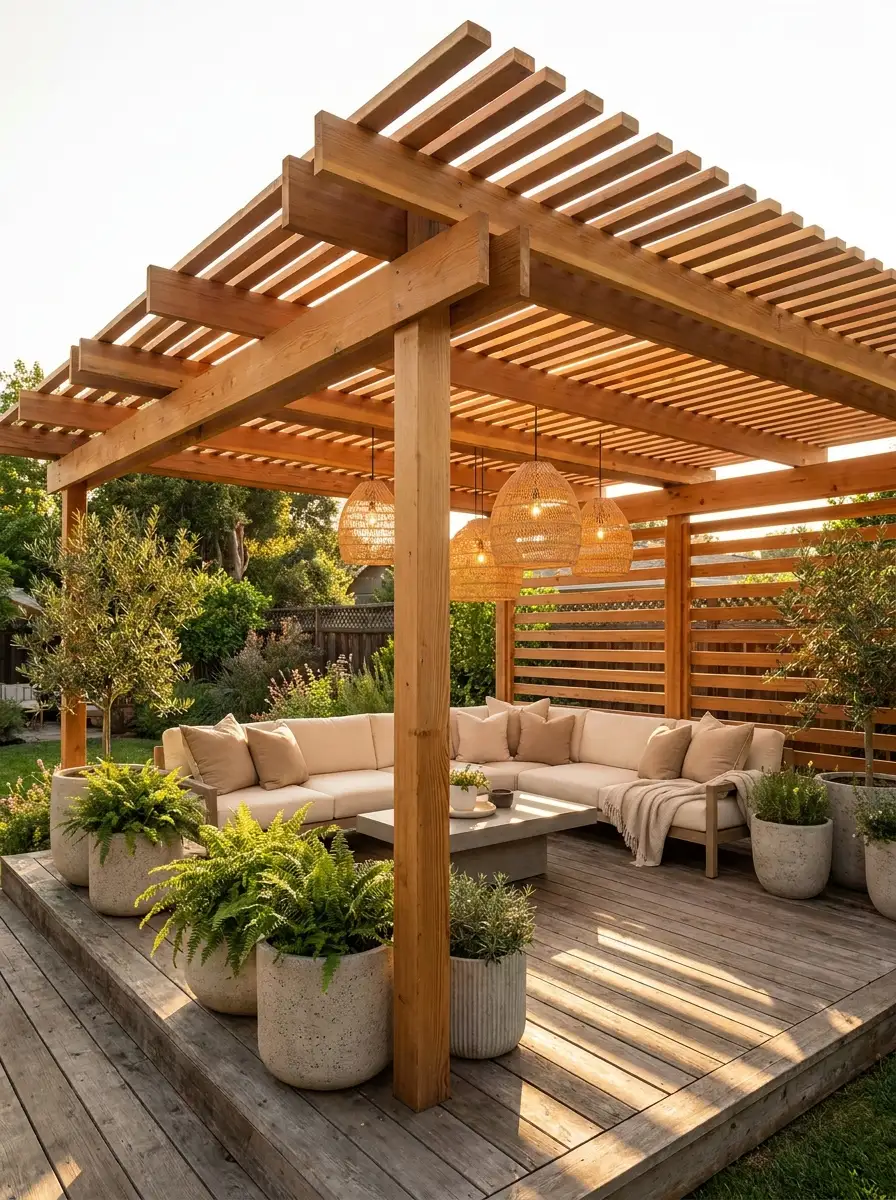 Stylish cedar pergola outdoor lounge with woven pendant lights, neutral sectional seating, and elegant backyard deck design ideas
