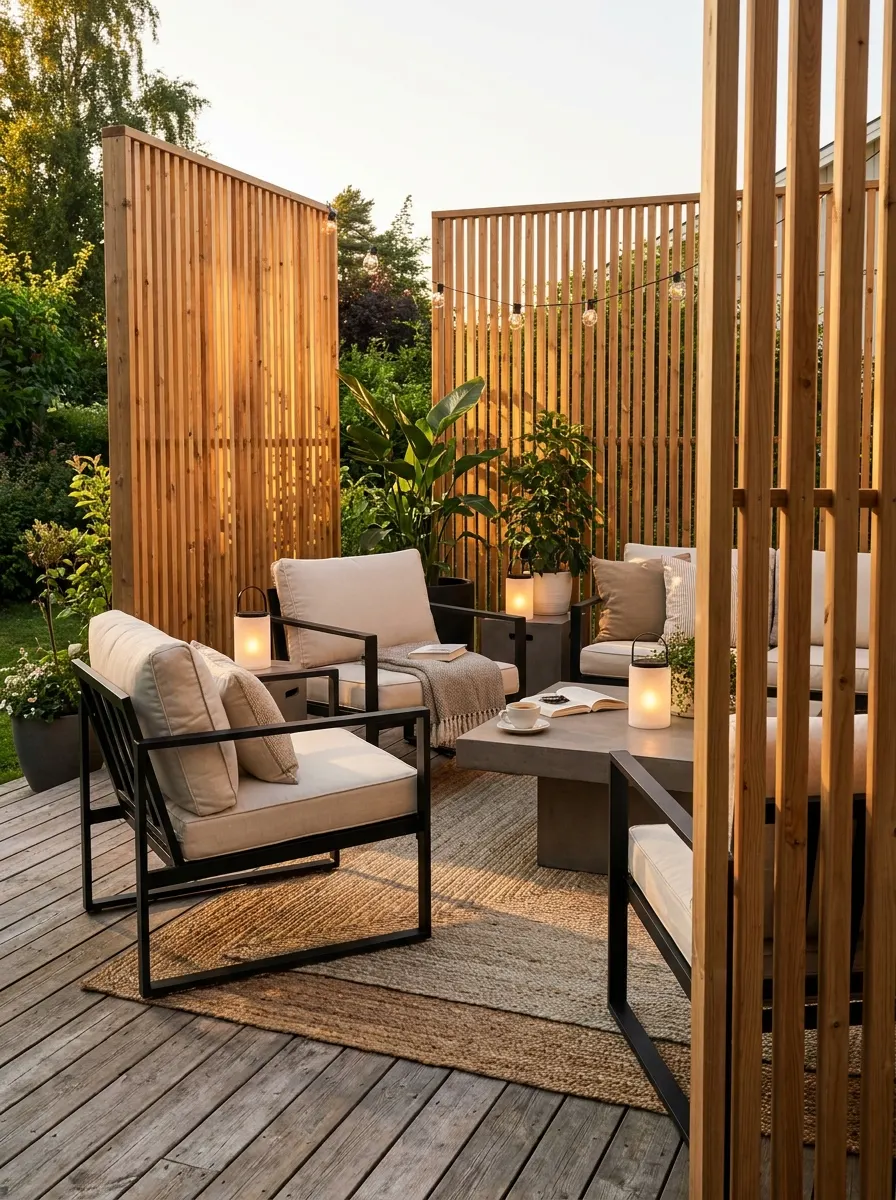Modern outdoor seating area with cedar slat privacy screens, neutral cushions, lantern lighting, and minimalist deck furniture styling