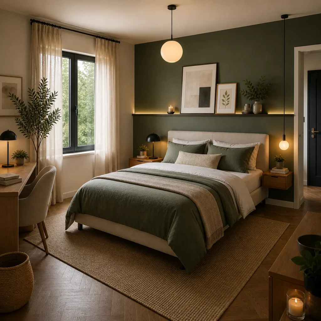 A modern cozy bedroom featuring a green accent wall, neutral bedding, warm pendant lighting, wooden furniture, indoor plants, and soft ambient lighting.