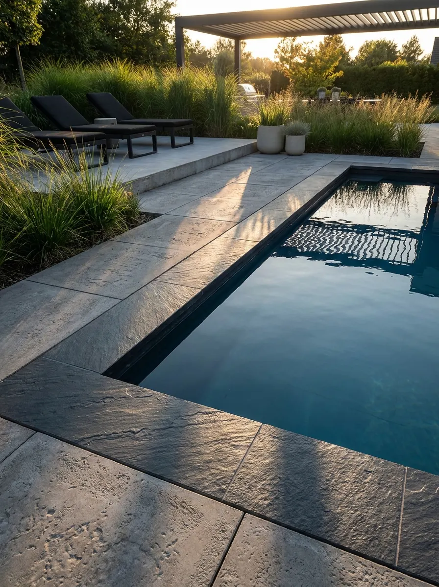 Modern swimming pool with dark stone coping, sleek patio lounge chairs, ornamental grasses, pergola shade structure, and luxury backyard landscaping