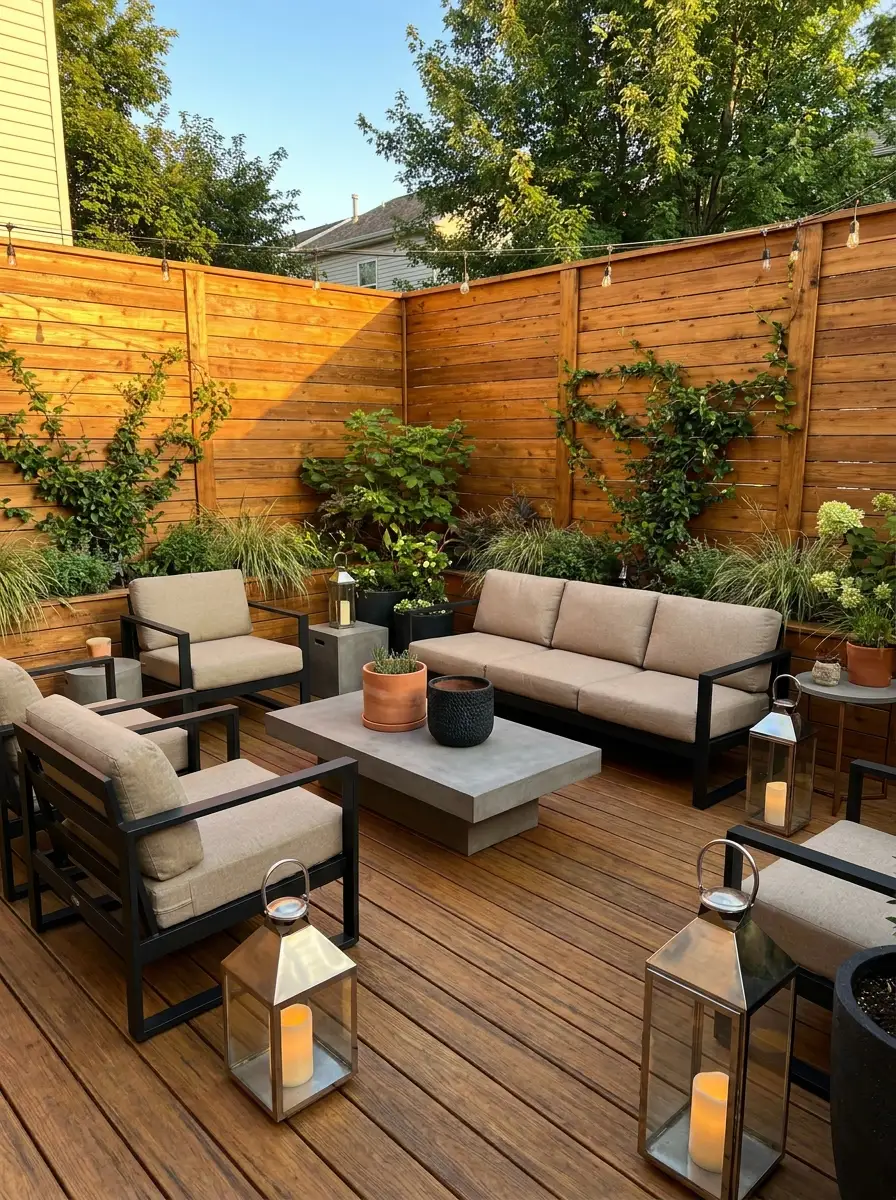 Cozy outdoor patio seating with modern wood fence panels, neutral cushions, lantern candles, and warm evening deck lighting