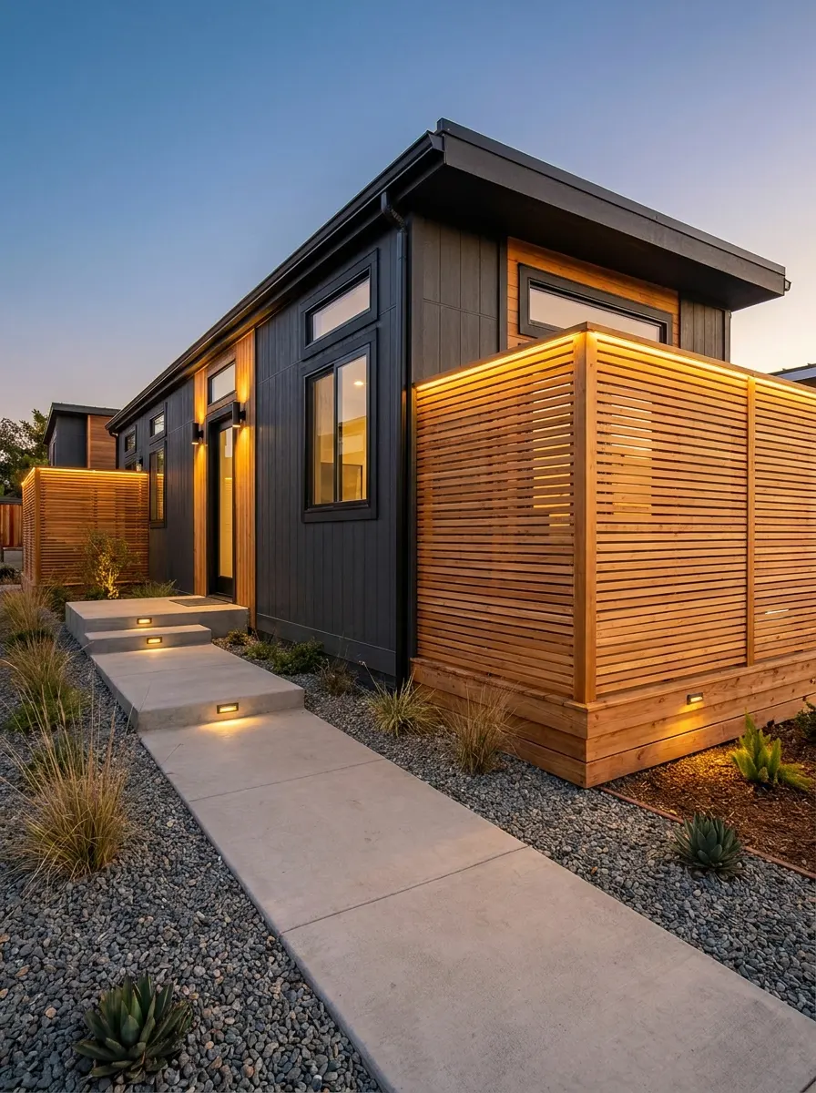 Contemporary mobile home exterior with black siding, wood slat privacy fence, pathway lighting, and modern landscaping