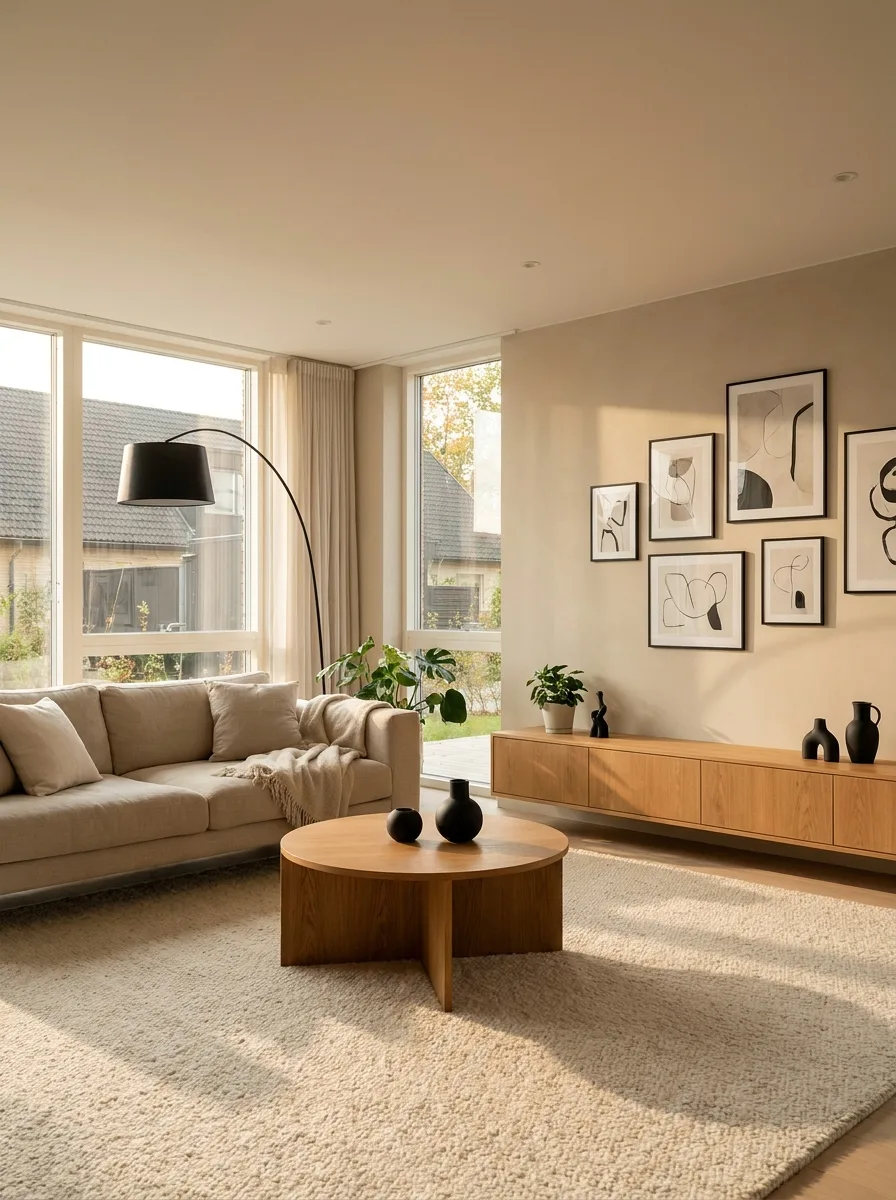 Contemporary living room with black accent decor, beige sofa, round wooden coffee table, gallery wall art, and minimalist styling