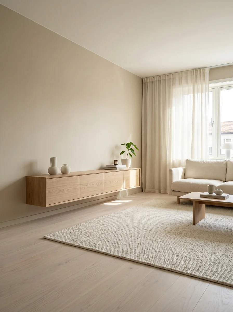 Contemporary living room with wooden media console, neutral furniture, cozy rug, and Scandinavian-inspired decor