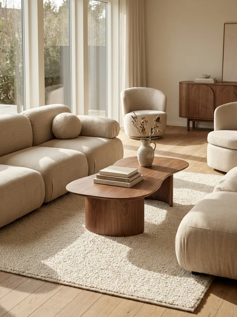 Neutral living room with curved wooden coffee table, beige modular sofa, soft textured rug, and minimalist modern decor