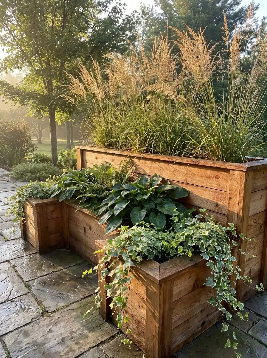 Contemporary black planter boxes with ornamental grasses and white hydrangeas outside a modern luxury home patio.