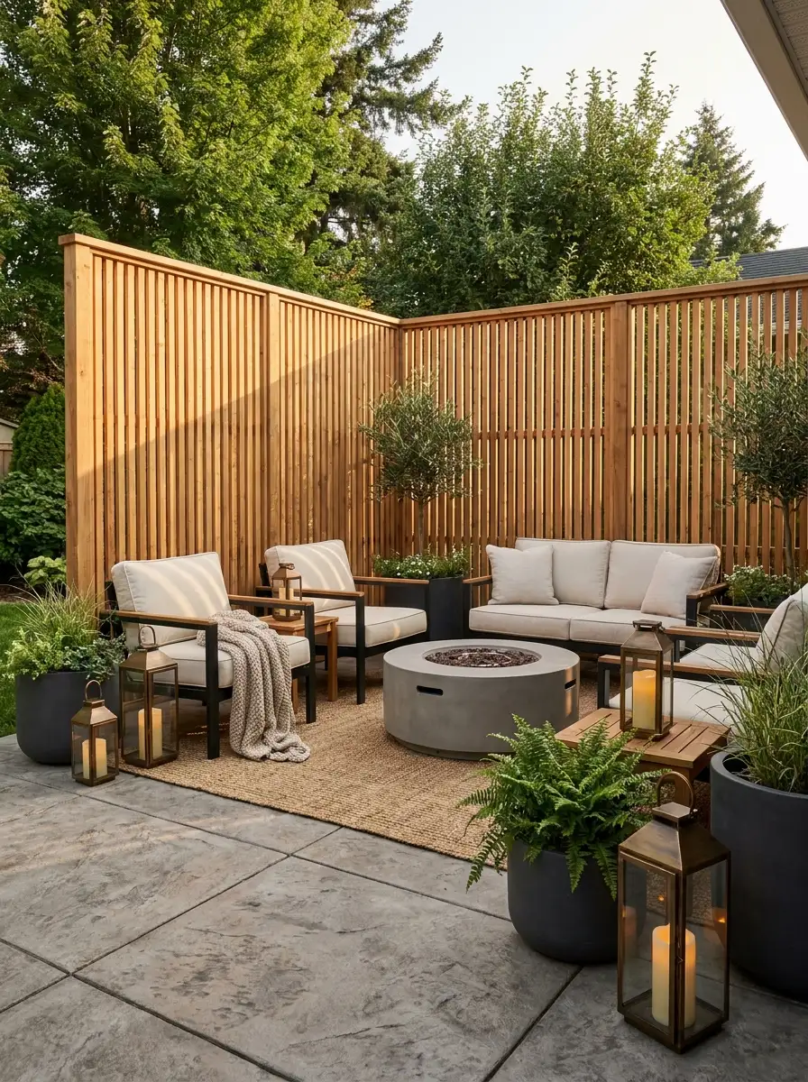 Modern patio with wood slat privacy screens, cozy outdoor furniture, lantern decor, and minimalist landscaping for contemporary backyard inspiration
