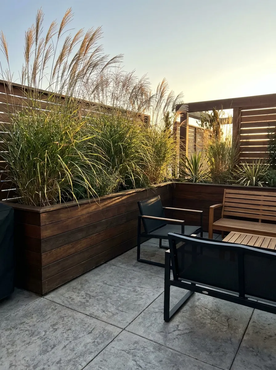 Large wooden planter boxes filled with tall ornamental grasses creating stylish privacy screening for a modern outdoor patio.
