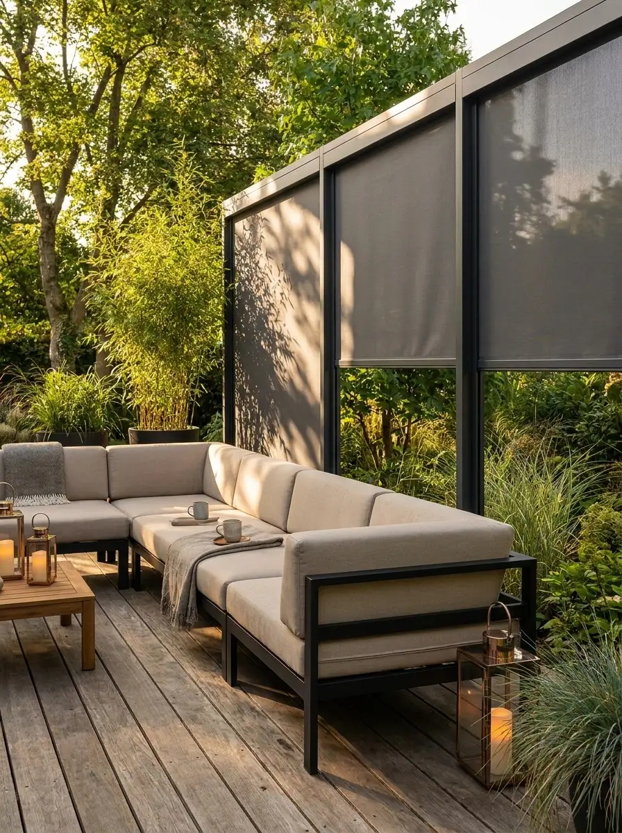 Contemporary outdoor deck with retractable privacy screens, neutral sectional sofa, soft lantern lighting, and modern patio decor