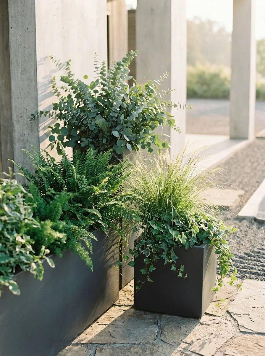 Modern black and gray planter arrangements with ornamental grasses and greenery on a luxury rooftop terrace at sunset.