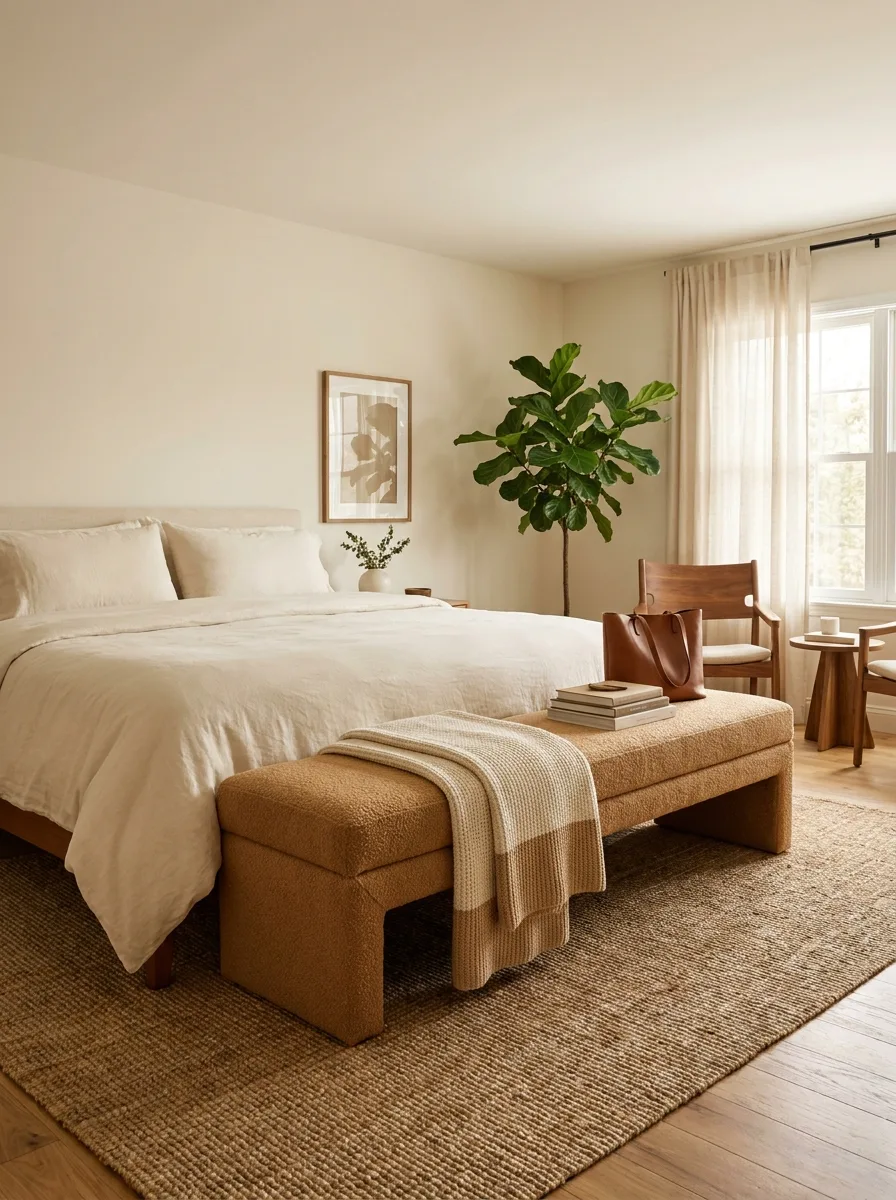 Serene cream-toned master bedroom with a white linen bed, camel-colored boucle upholstered storage bench at the foot, a tall fiddle leaf fig tree near sheer curtains, a wooden accent chair, and a large woven jute area rug