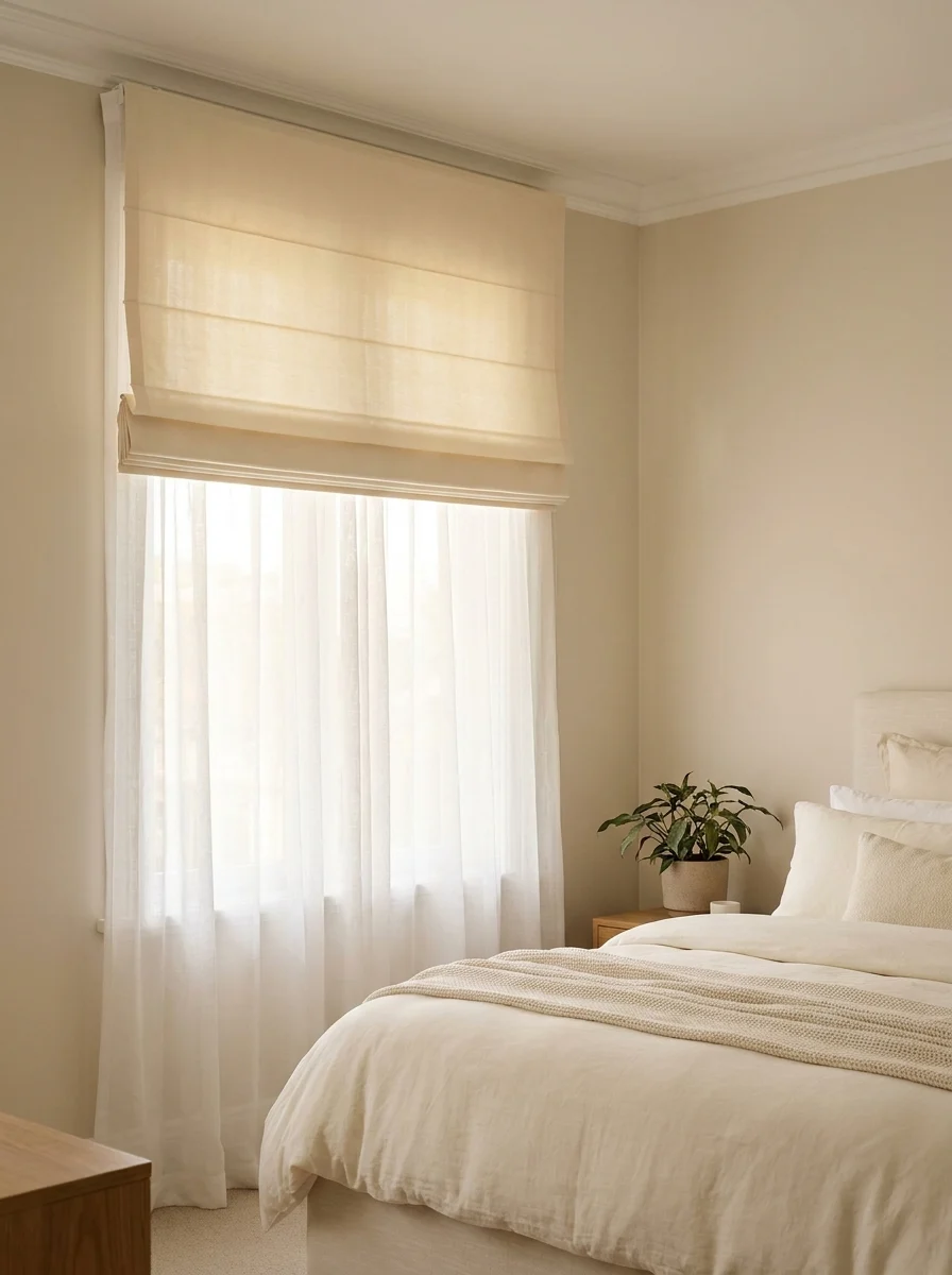 Bright minimalist bedroom with layered window treatments featuring a cream linen Roman blind paired with floor-length white sheer curtains, soft natural light flooding the room, cream linen bedding with a knit throw, a wooden nightstand with a small potted plant, and warm beige walls