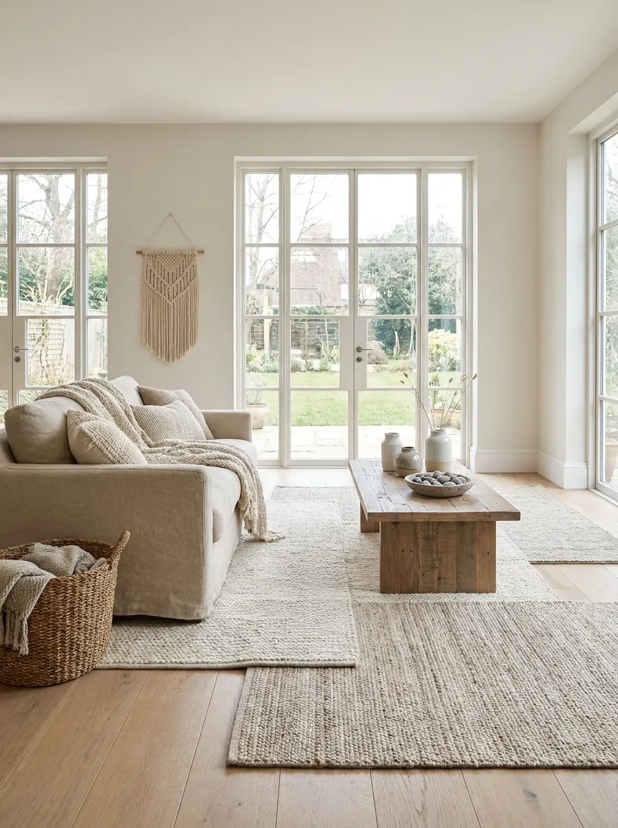Bright living room with layered neutral rugs, beige sofa, natural wood coffee table, and airy modern decor