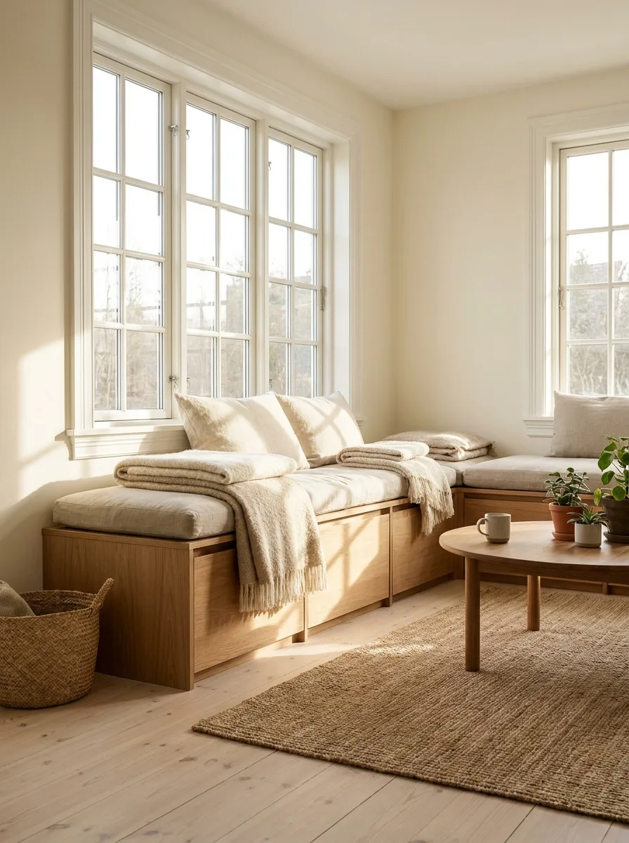 Cozy living room with oak window bench seating, soft blankets, woven rug, and warm minimalist home decor