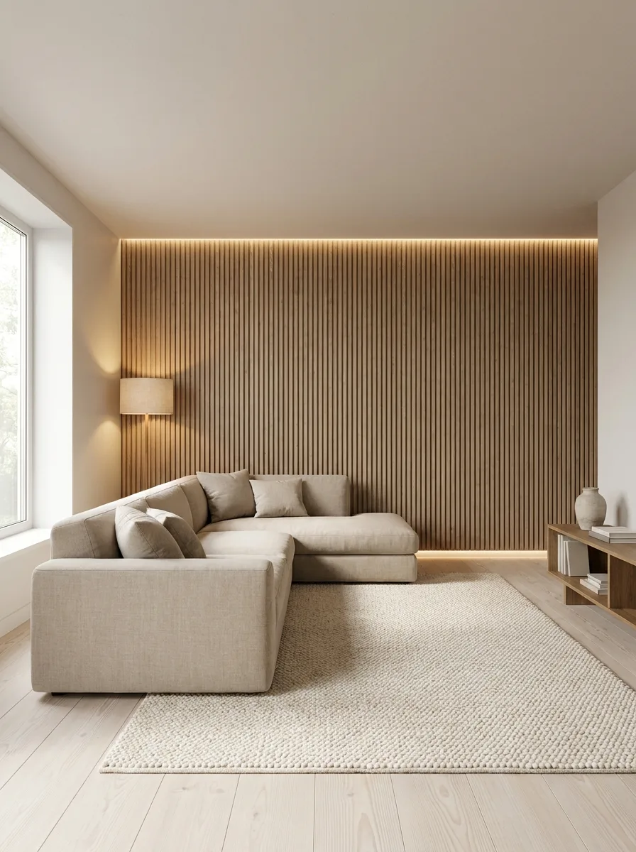 Minimalist living room with oak slat accent wall, beige sectional sofa, textured rug, and warm ambient lighting