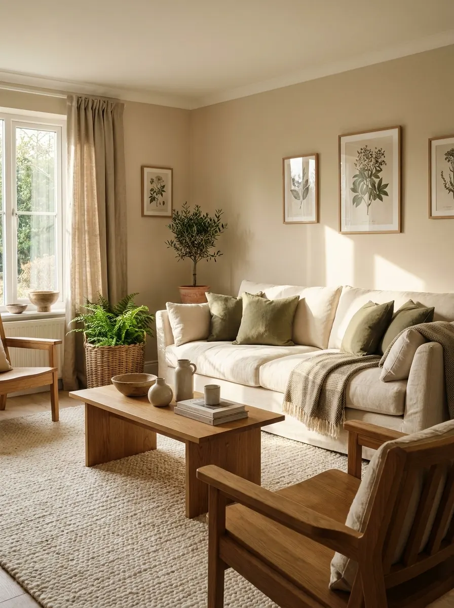 Neutral living room with olive green cushions, wooden furniture, botanical wall art, and cozy modern styling
