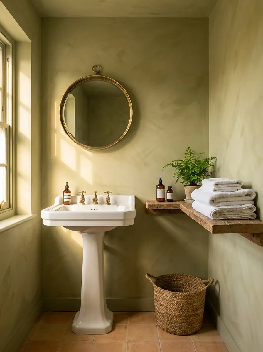 Olive green limewash bathroom featuring rustic wood shelves, pedestal sink, woven basket, and warm sunlight