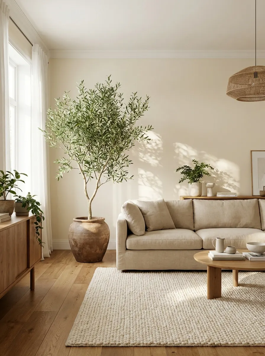 Organic modern living room with indoor olive tree, beige sofa, textured rug, and warm natural wood accents