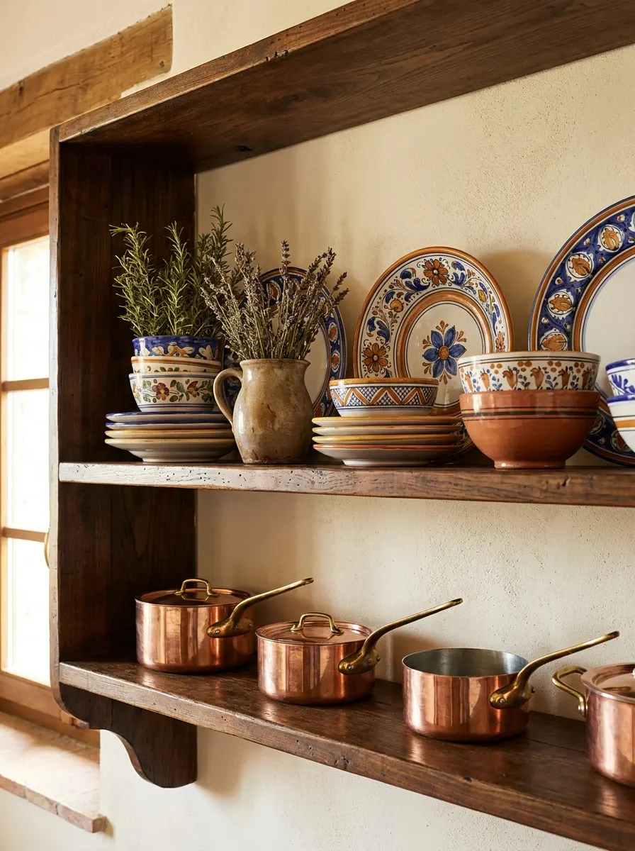 Rustic wooden open shelves holding hand-painted Italian ceramic plates, stoneware bowls, and three copper saucepans with brass handles.