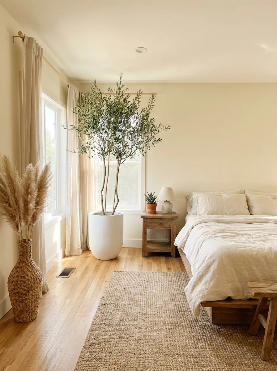 Bright organic-style bedroom with cream walls and natural light, white linen bedding, a tall potted olive tree in a large white planter by the window, a woven pampas grass floor vase, jute area rug, and a rustic wood nightstand with a ceramic lamp