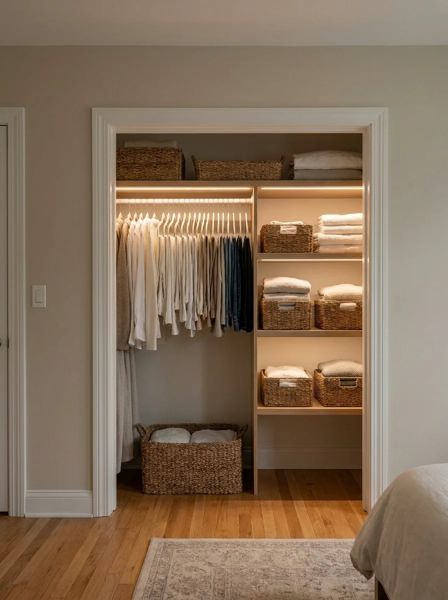 Neatly organized open bedroom closet with warm LED strip lighting, clothes arranged by color on matching white hangers, multiple woven seagrass baskets for folded items and accessories on built-in shelves