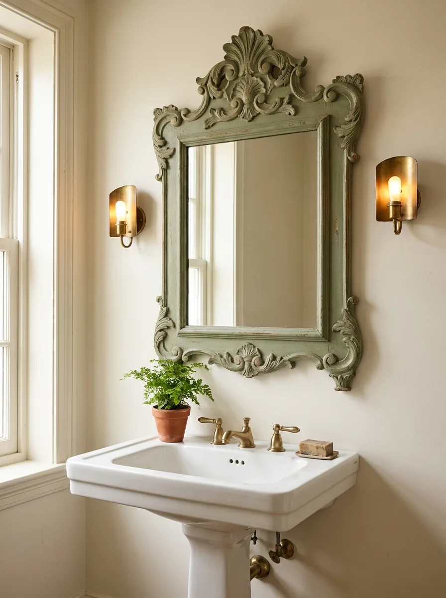 Ornate vintage mirror above white bathroom sink with brass sconces, antique faucet, and soft neutral walls