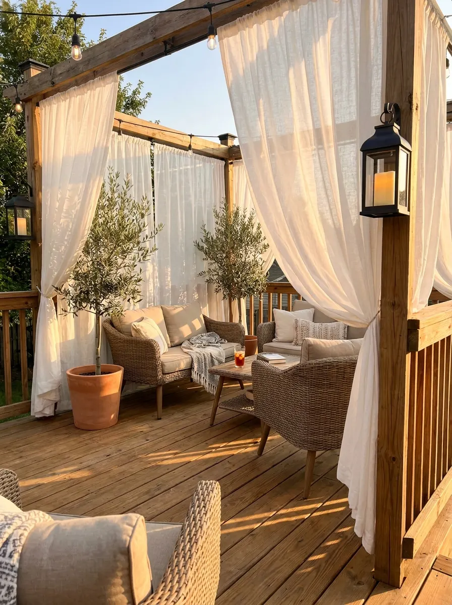 Cozy wooden deck lounge with flowing white outdoor curtains, wicker seating, lantern lights, and relaxing patio atmosphere
