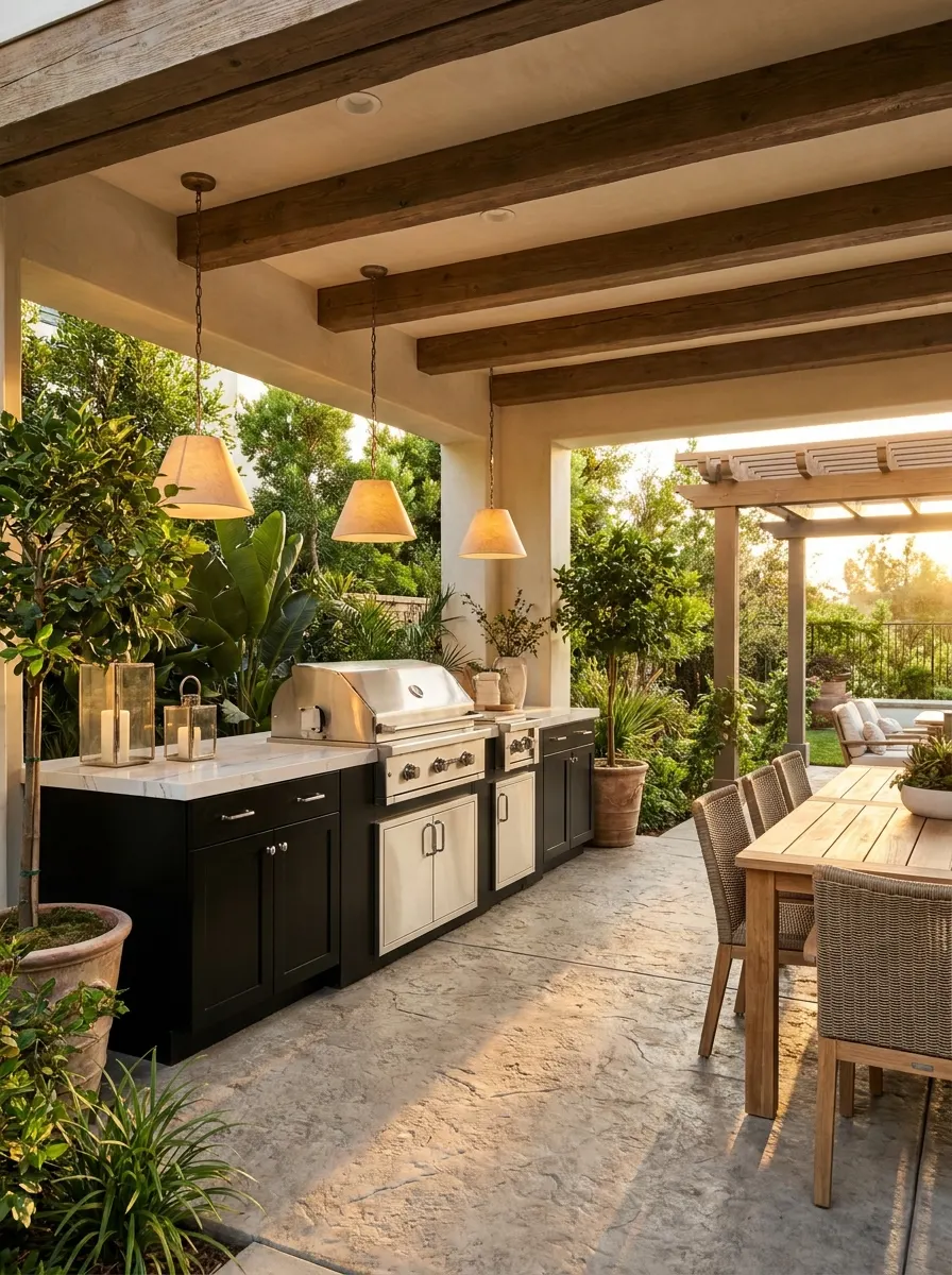 Modern outdoor kitchen with built-in grill, wood dining table, pendant lighting, and elegant covered patio design for stylish backyard gatherings