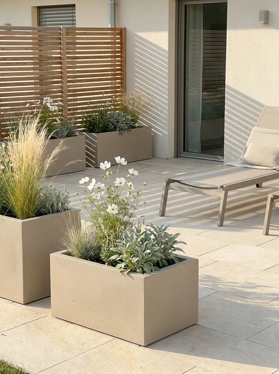 Neutral-toned rectangular planters filled with grasses, white flowers, and soft greenery on a minimalist modern patio.