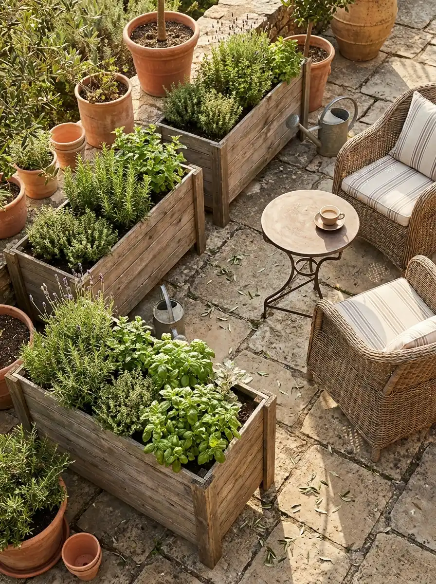 Rustic wooden planter boxes filled with herbs and greenery on a cozy stone patio with wicker outdoor seating and Mediterranean-inspired decor.