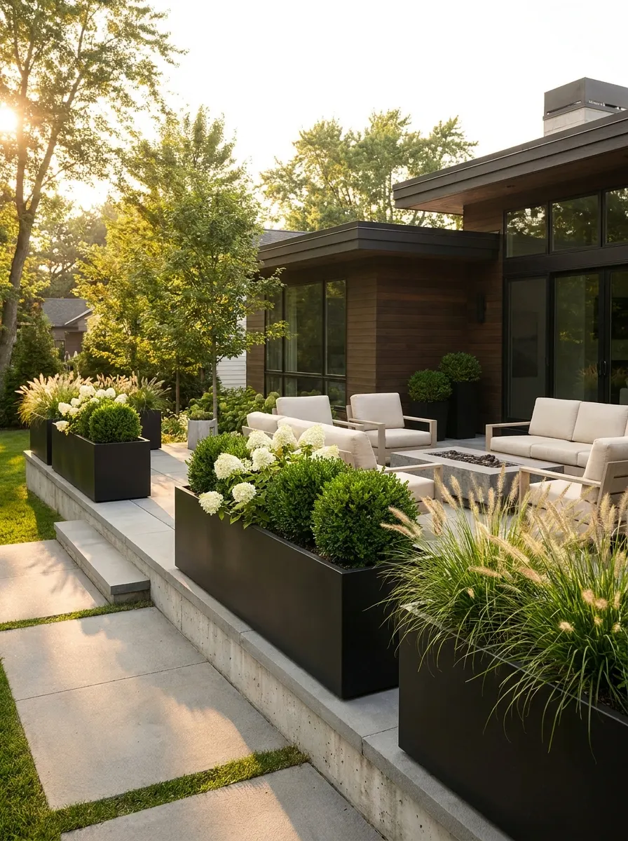 Wooden planter boxes filled with hostas, ivy, ornamental grasses, and greenery arranged around a stone patio seating area.