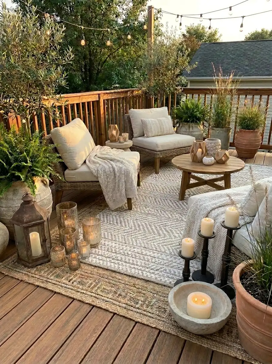 Cozy patio seating area with layered outdoor rugs, wicker furniture, candles, and warm neutral backyard decor inspiration