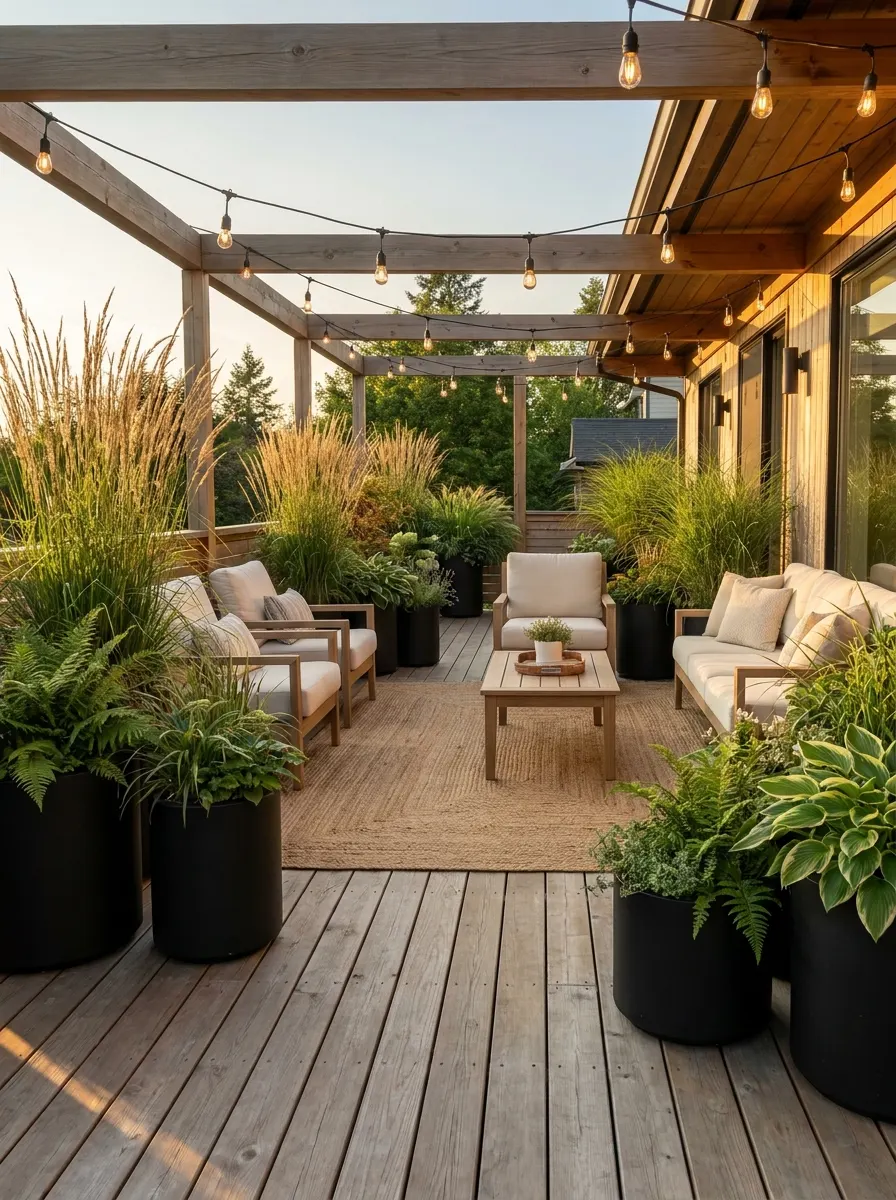 Elegant outdoor deck with oversized black planters, ornamental grasses, cozy lounge seating, and modern pergola lighting