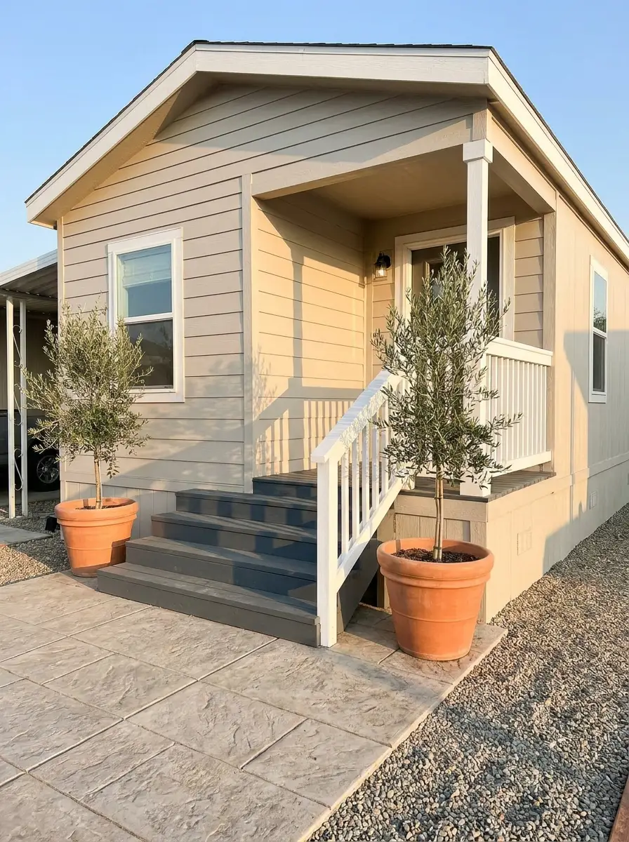 Neutral mobile home exterior with painted front steps, white railings, potted olive trees, and clean minimalist landscaping