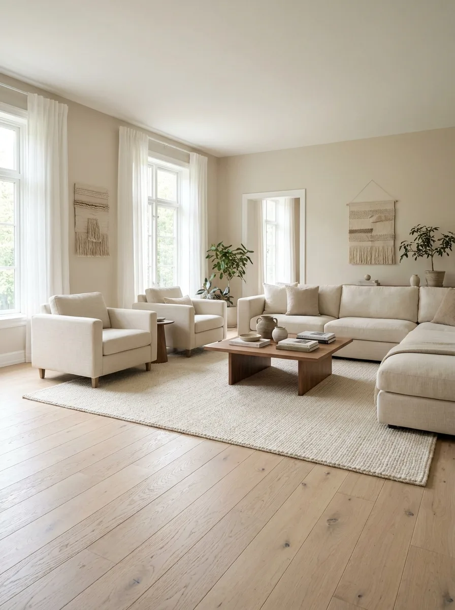 Scandinavian living room with pale oak furniture, neutral sofa, woven rug, and soft natural daylight