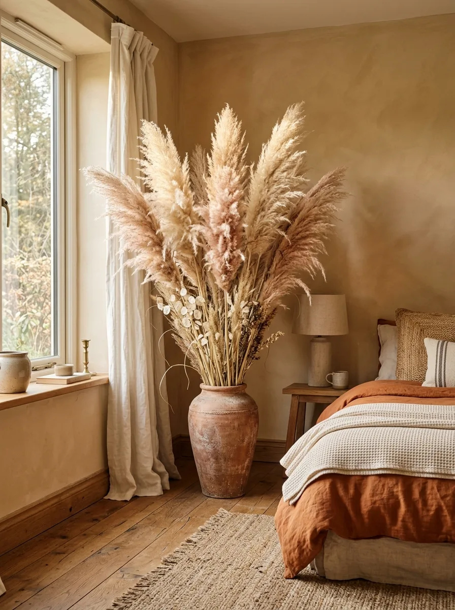 Pampas grass decor in a large floor vase beside layered boho bedding and textured neutral bedroom accents