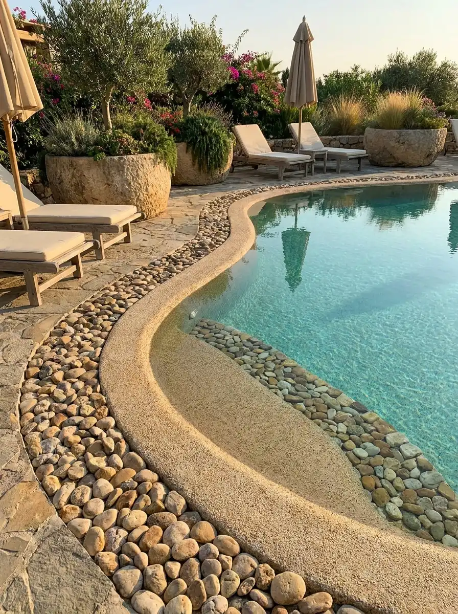 Curved swimming pool with pebble coping border, tropical landscaping, luxury lounge chairs, and serene resort-inspired outdoor design