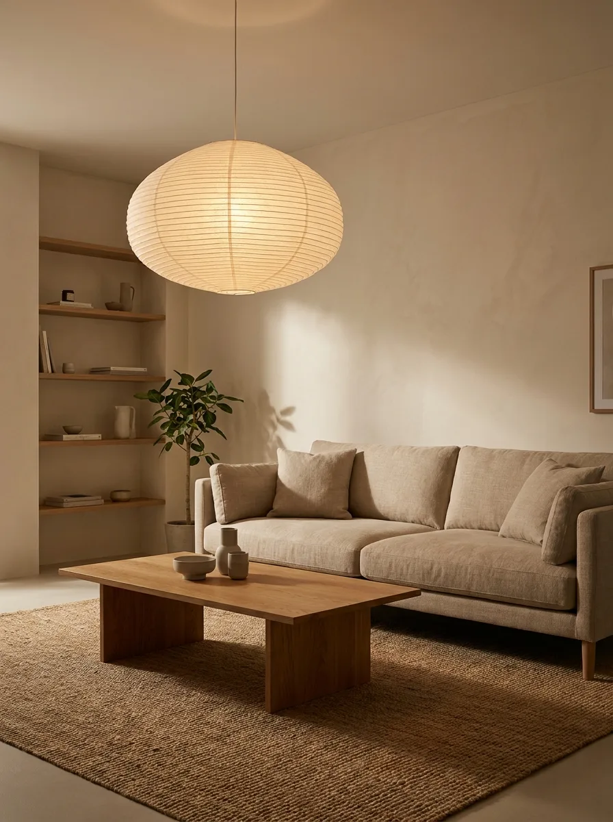 Cozy minimalist living room with oversized pendant light, neutral sofa, wood coffee table, and warm earthy tones