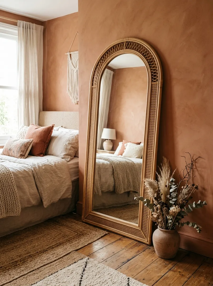 Rattan floor mirror leaning against a terracotta wall beside layered boho bedding and pampas grass decor
