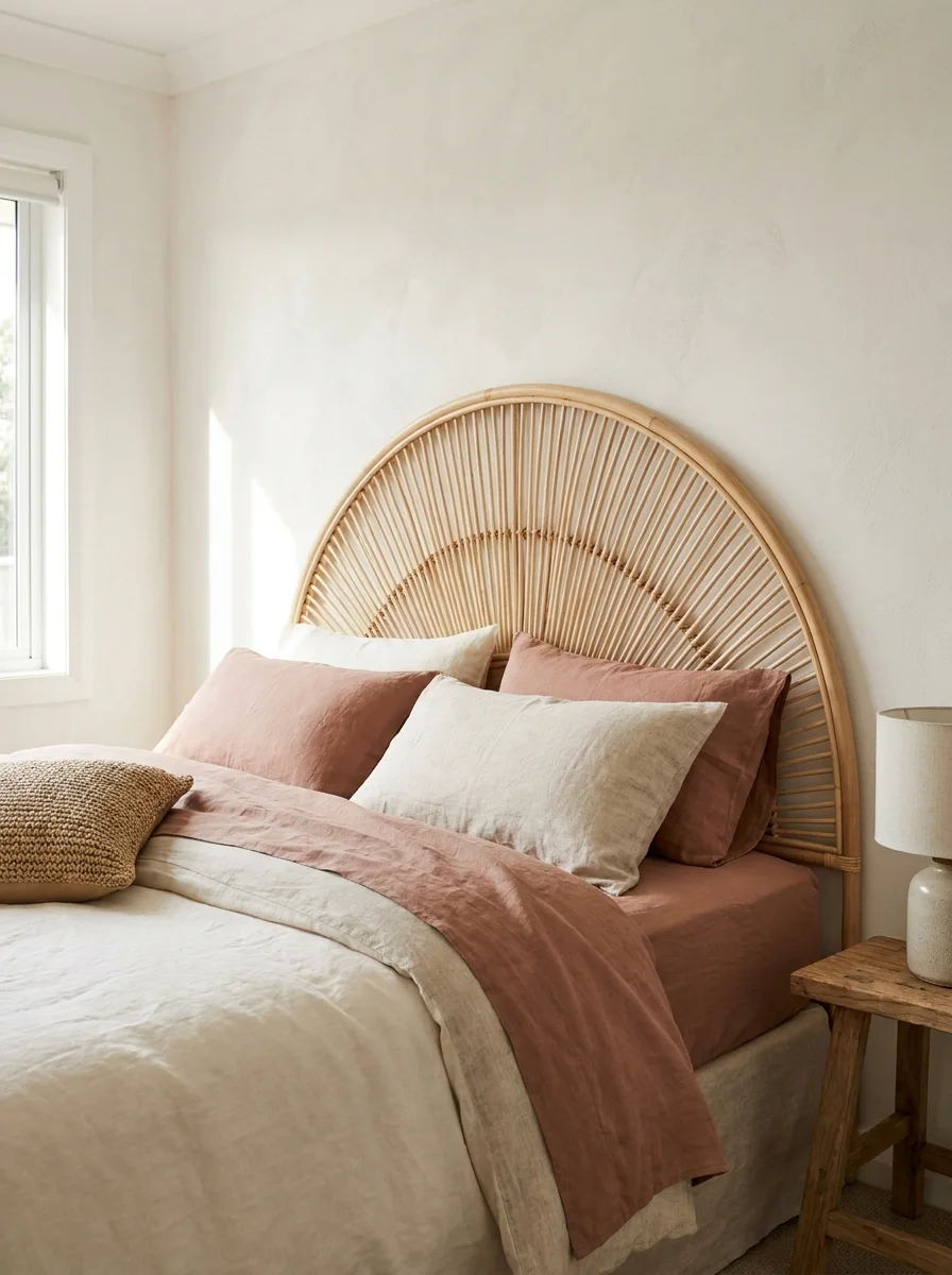 Rattan headboard bedroom styled with blush pillows, linen bedding, and minimalist boho decor details