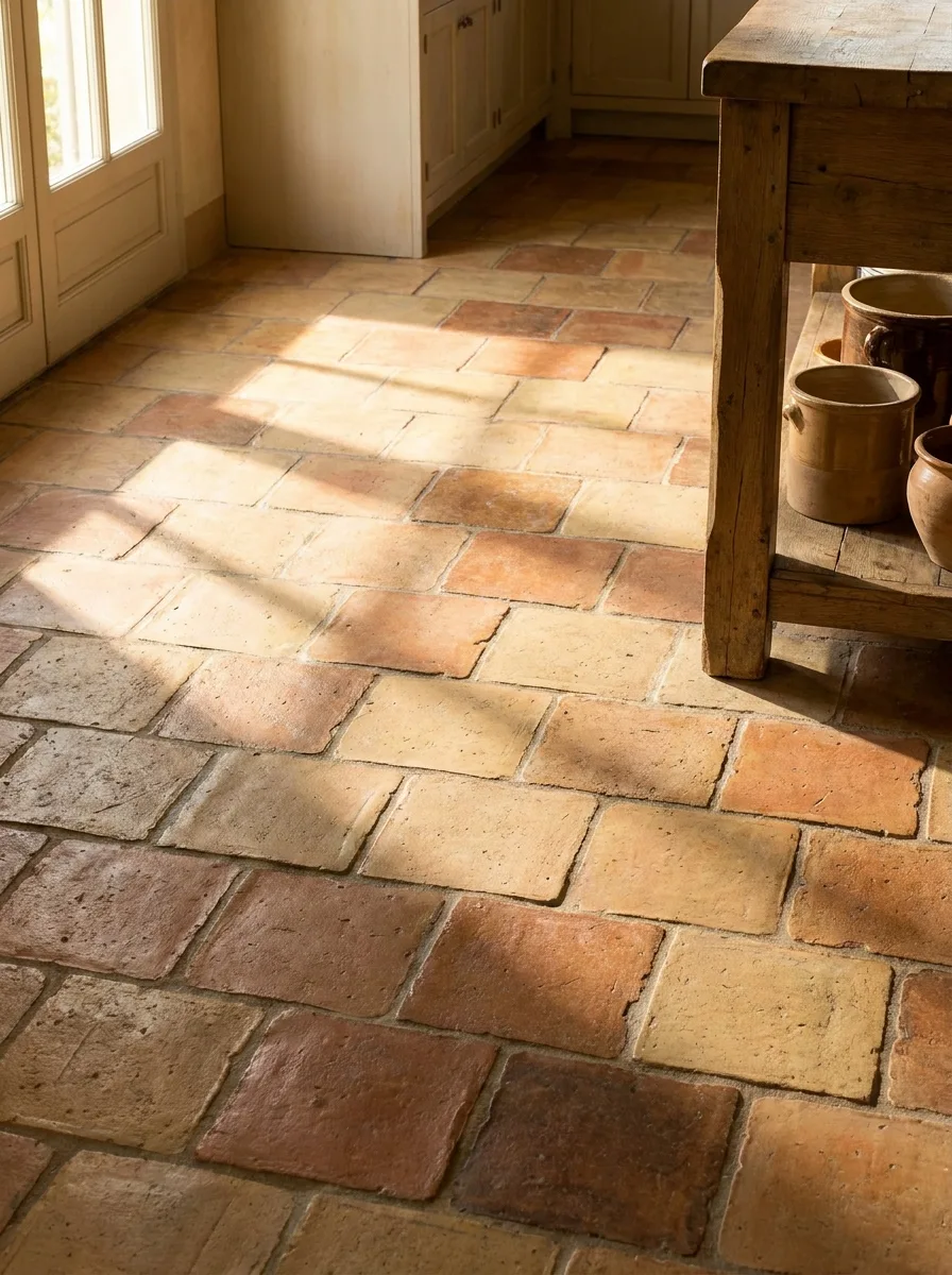 Close-up of aged reclaimed terracotta floor tiles in varying warm tones with wide grout joints beside a rustic wooden table leg.