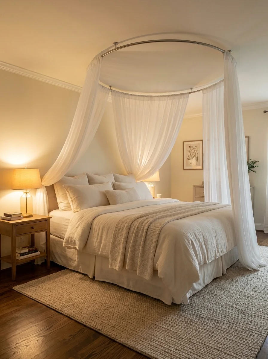 Romantic warm-toned bedroom with a ceiling-hung curved rod draped in billowing white sheer fabric forming a canopy over the king bed, cream linen bedding with a knit throw, wooden nightstands with glass table lamps, and a woven jute area rug