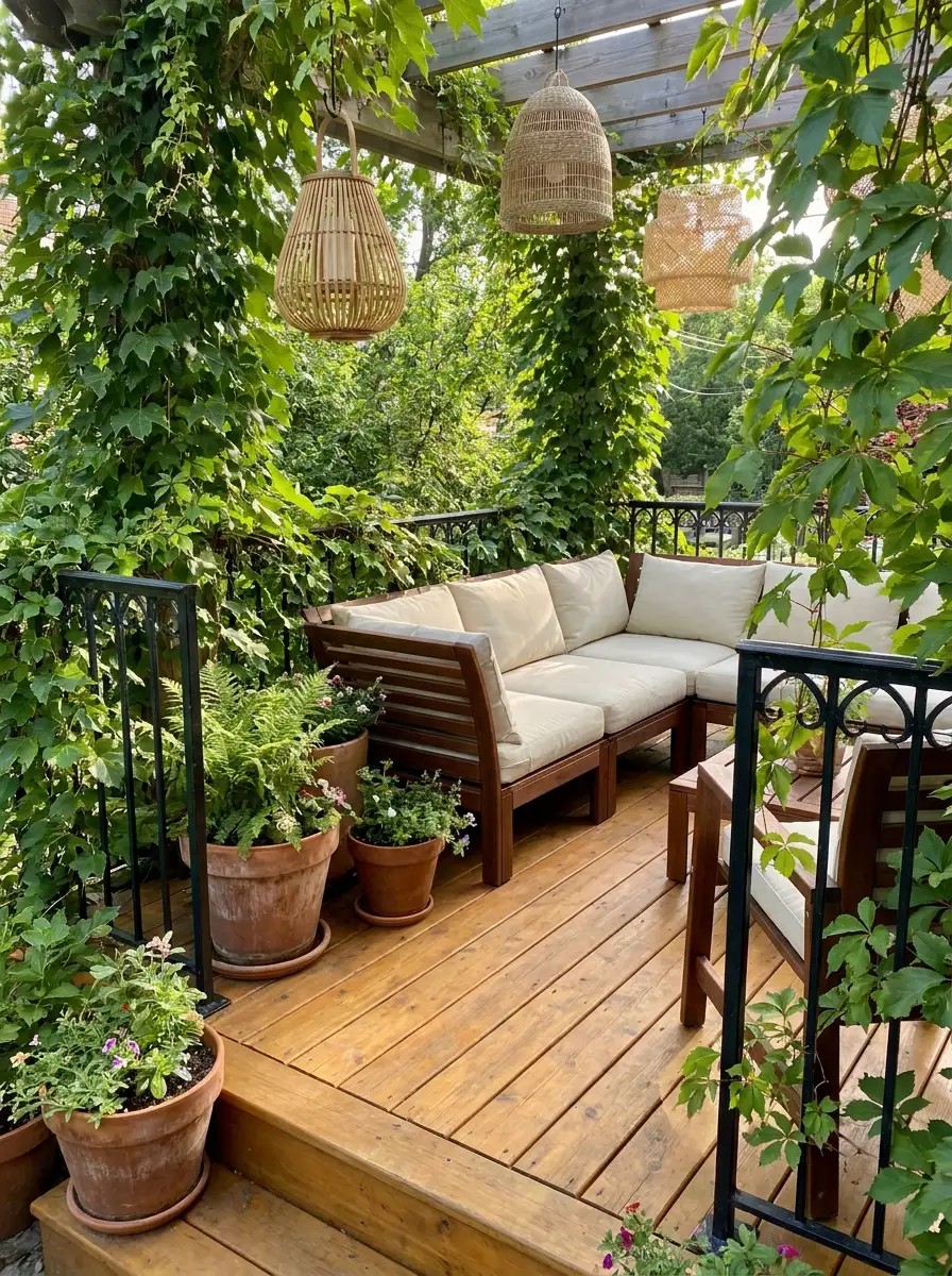 Cozy wooden deck with climbing vines, pergola greenery, wicker pendant lights, and inviting outdoor lounge seating ideas