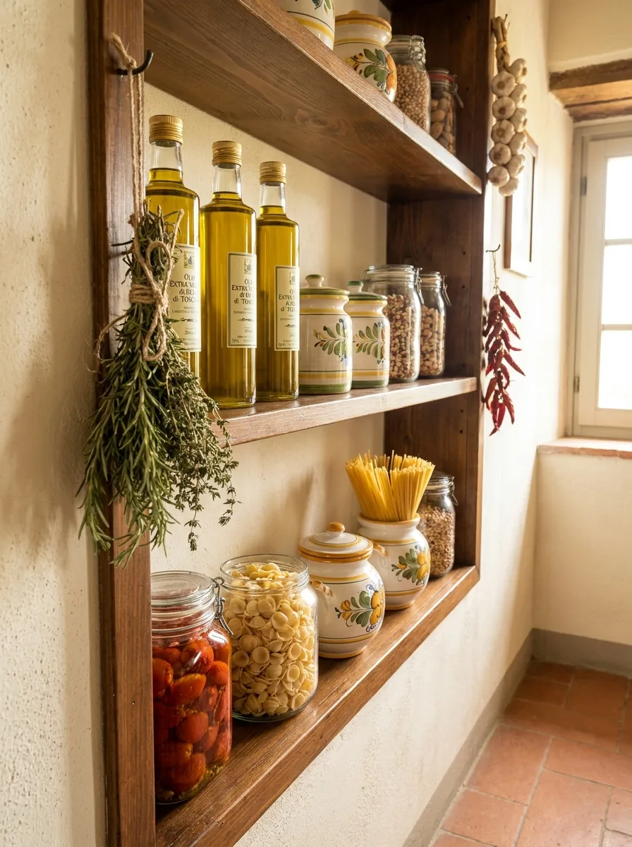 Wooden pantry shelves stocked with Olio Extra Vergine di Toscana bottles, pasta jars, dried chillies, garlic, and Italian ceramic canisters.