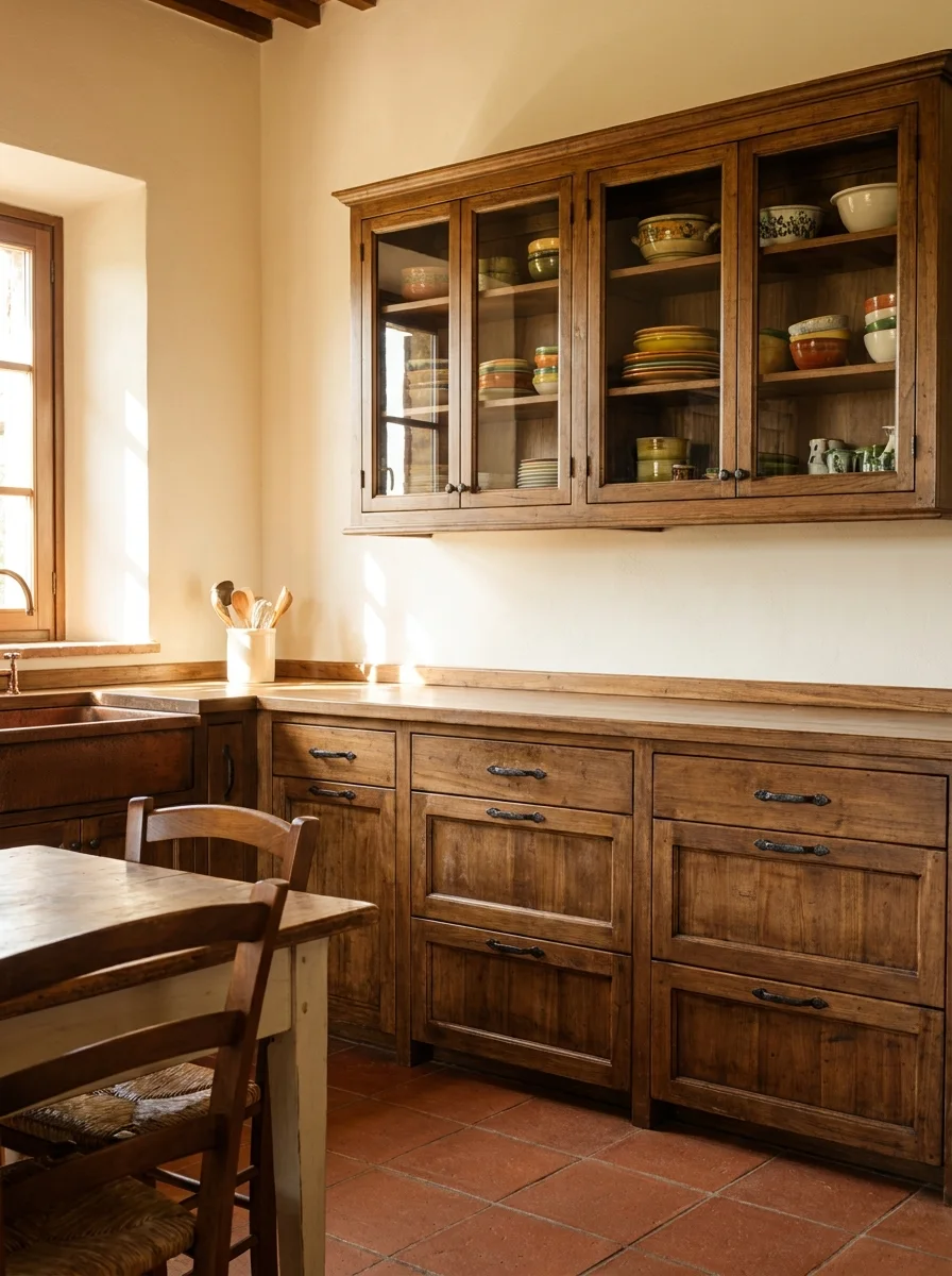 Natural walnut kitchen cabinets with glass-front uppers displaying colorful Italian ceramics and wrought iron drawer pulls on terracotta floors.