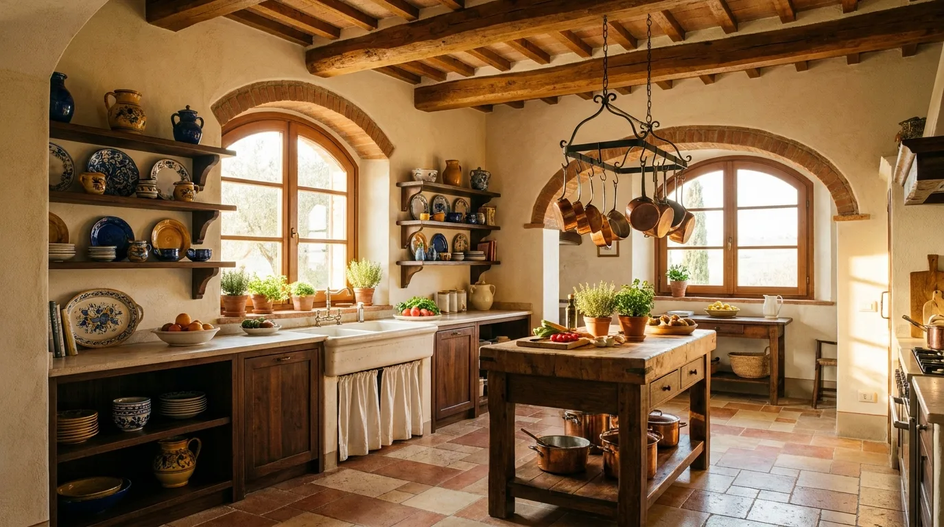 Rustic Tuscan kitchen featuring terracotta floors, wooden ceiling beams, open shelves with Italian ceramics, and a central butcher block island.