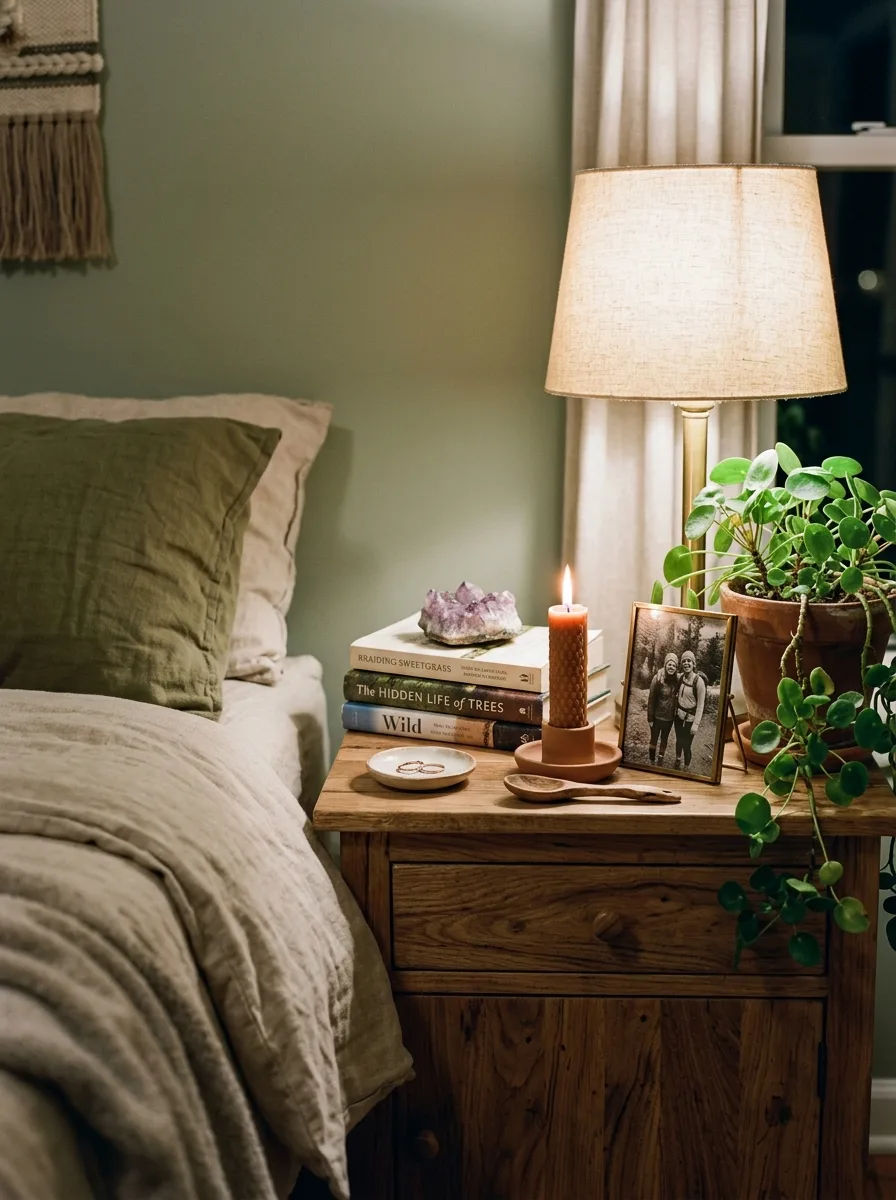 Rustic wood nightstand with candlelight, indoor plants, books, and cozy boho bedroom styling details